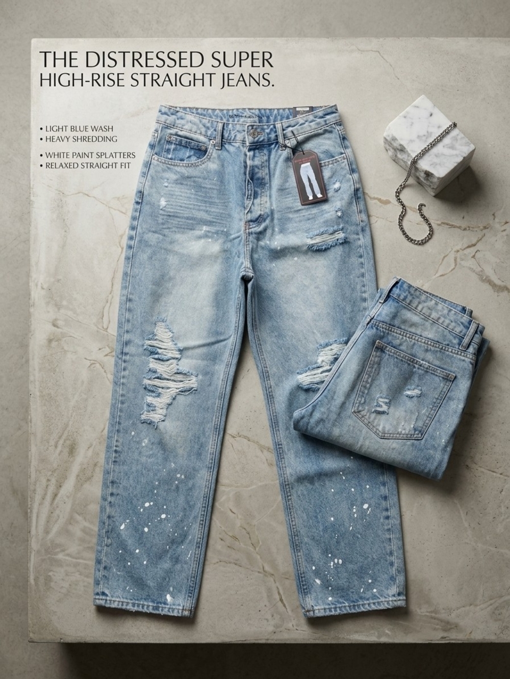 No Boundaries Light Blue Distressed Straight Leg Jeans with White Paint Splatter